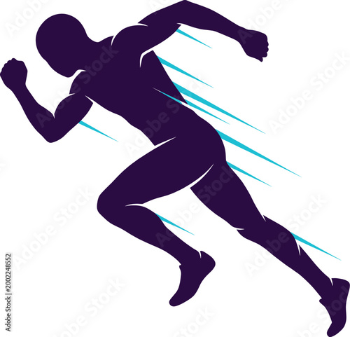 Dark blue silhouette of a man running quickly with green motion lines