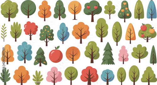 Comprehensive Collection of Diverse Tree Icons and Seasonal Foliage Illustrations Featuring Pine Fruit Oak and Tropical Palms Isolated on White Background