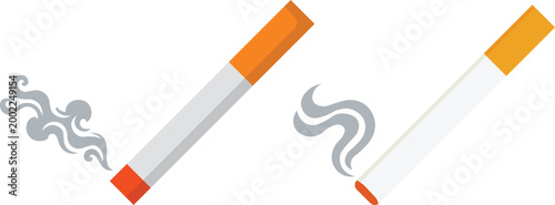 Cigarette icon set with smoke burning tobacco stick with smoke clouds color vector illustration