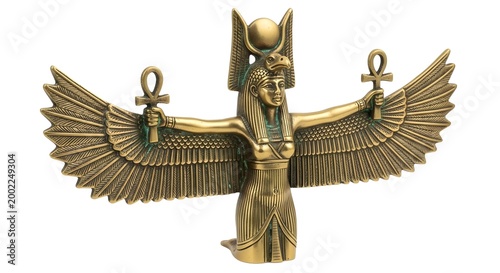 Ancient Egyptian goddess Isis statue with outstretched wings and ankh symbols against a clean white background
