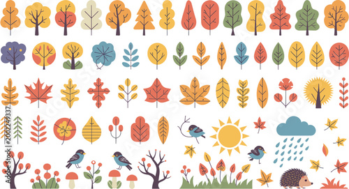 Mega Collection of Autumn Forest Icons Featuring Colorful Deciduous Trees Fall Leaves Forest Animals and Seasonal Weather Elements Isolated on White