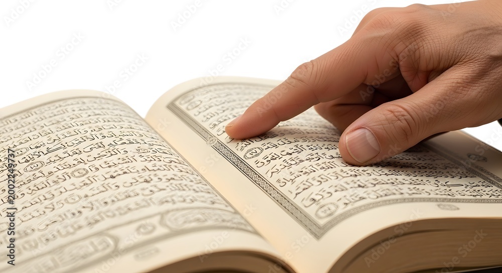 Fototapeta premium Finger pointing at sacred text in open book during study in studio lighting