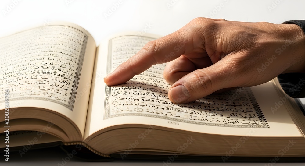 Fototapeta premium Finger pointing at text in open book with soft lighting and copy space