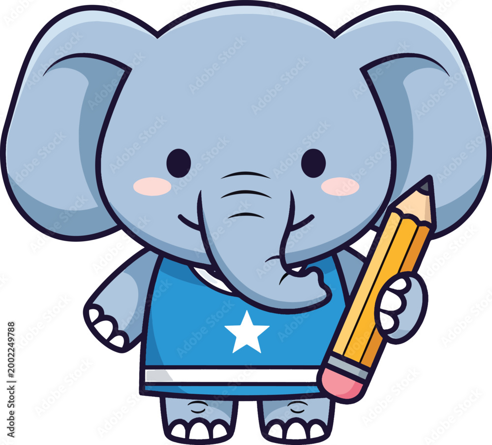 Fototapeta premium Cute cartoon elephant character wearing jersey and holding a big pencil