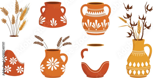 Decorative ceramic vases with dried flowers Vector