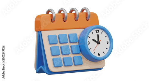 Cute 3d calendar icon with a blue wall clock representing efficient time management and scheduling tasks