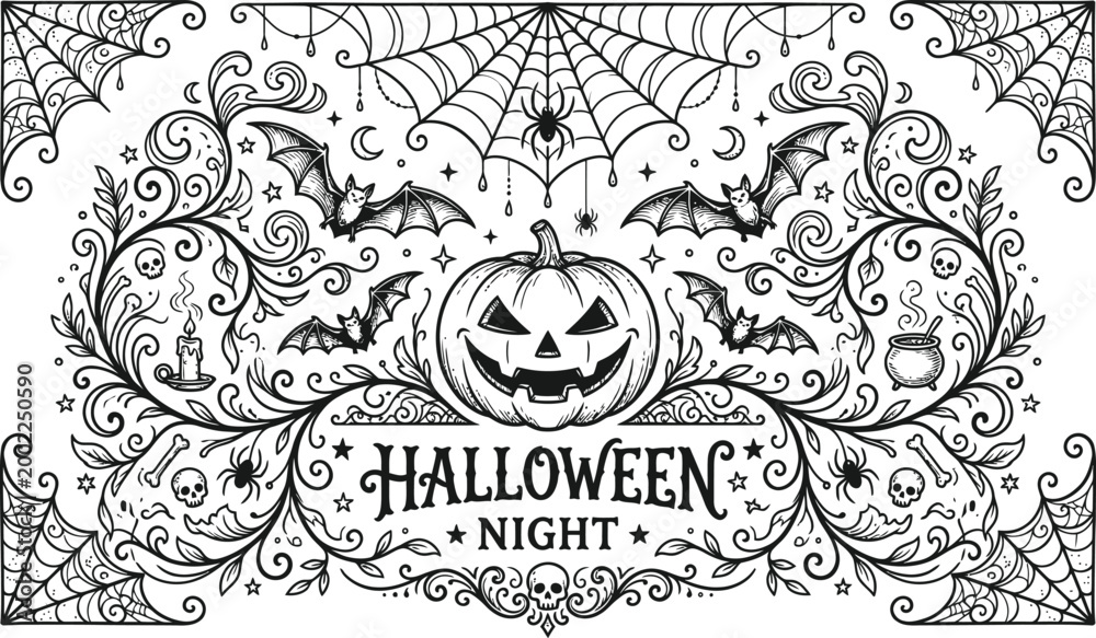 Naklejka premium Halloween night decorative illustration with pumpkin bats and floral ornaments