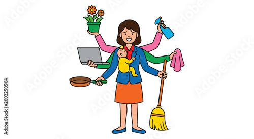 Illustration of multitasking woman with multiple arms holding various objects