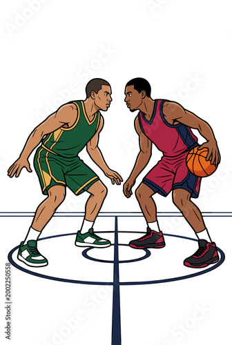 Two basketball players facing each other in intense defensive stance on court isolated background. Competitive duel. Concept of rivalry focus and one on one matchup
