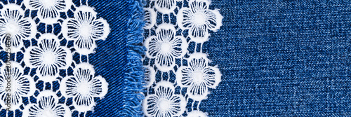 Quadro su tela Patterns and textures of blue denim fabric with white lace details showcasing cr