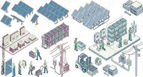 Isometric Solar Energy Power Plant and Battery Storage System Vector Illustration Set