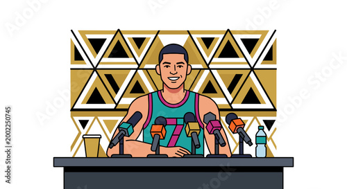 Basketball player speaking at press conference with microphones after victory smiling confidently. Media moment. Concept of communication success and sports publicity