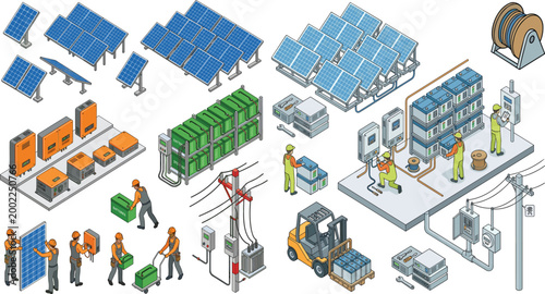 Isometric Solar Energy System with Battery Storage and Electrical Grid Infrastructure