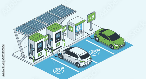 Obraz na płótnie Isometric Illustration of an Electric Vehicle Charging Station with Solar Panels