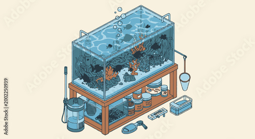 Isometric Illustration of a Complete Aquarium Setup with Tropical Fish, Corals, and Maintenance Equipment