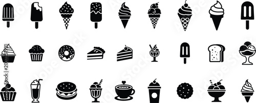 Black silhouette ice cream and dessert collection vector icons