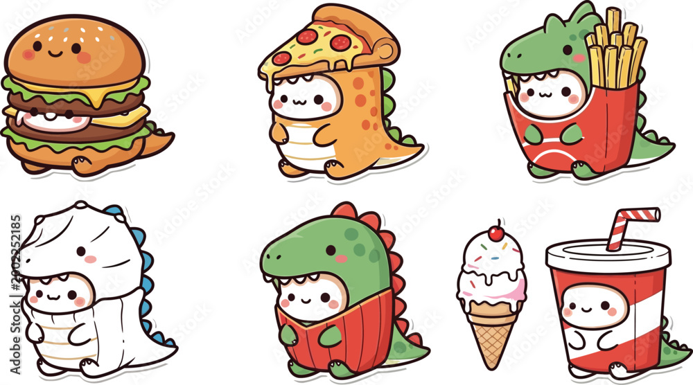 Fototapeta premium Cute dinosaur character eating various foods Vector