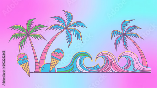 A vibrant vector illustration combining tropical beach elements with geometric line art in a summer