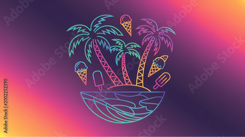 A vibrant vector illustration combining tropical beach elements with geometric line art in a neon gr