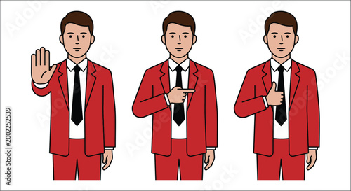 Three businessmen in red suits with different hand gestures vector illustration