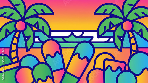 A vibrant vector illustration featuring a tropical beach party scene rendered in bold geometric line