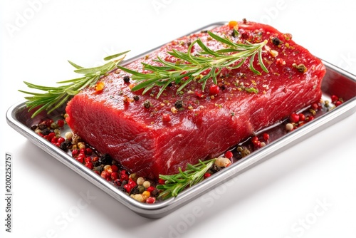Raw Marinated Meat on Tray With Spices and Herbs in High Resolution on White Surface
