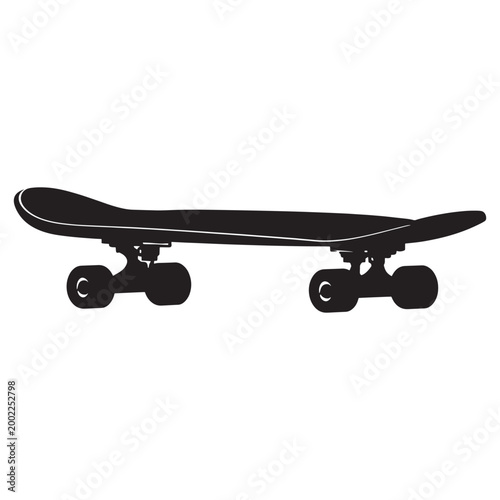 Side profile silhouette of a skateboard representing extreme sports and street skating culture with skateboard silhouette lifestyle activity recreation transport equipment longboard isolated