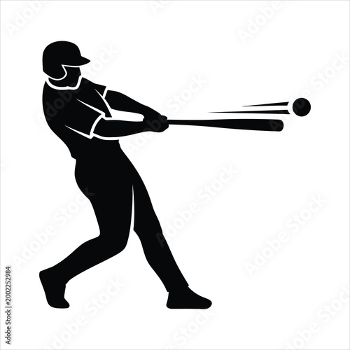 Powerful baseball batter swinging bat and hitting ball silhouette