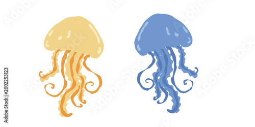 Two jellyfish vector elements in blue and yellow colors with long tentacles in hand drawn doodle style for marine and ocean design