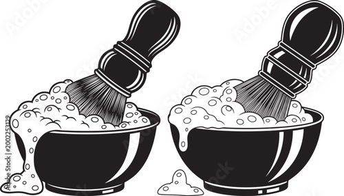 Shaving brush and bowl set for creating lather and wet shaving.