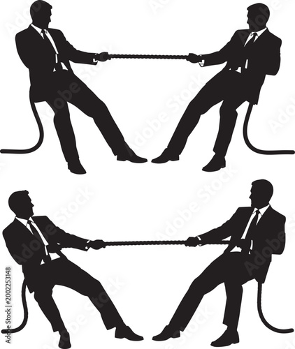Businessmen silhouette tugging rope in competition.