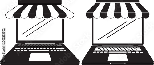 Open laptops with awnings representing online stores illustration.