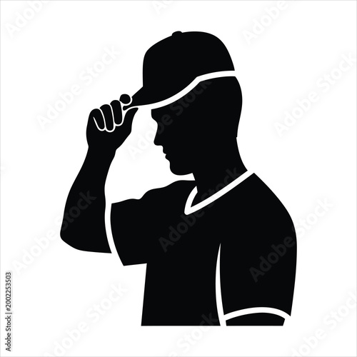 Side profile of a baseball player tipping his cap silhouette