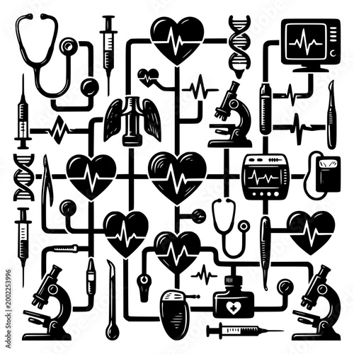 Health and Science Icons: A comprehensive array of medical and scientific symbols, intricately arranged to represent the interconnectedness of healthcare and scientific innovation.