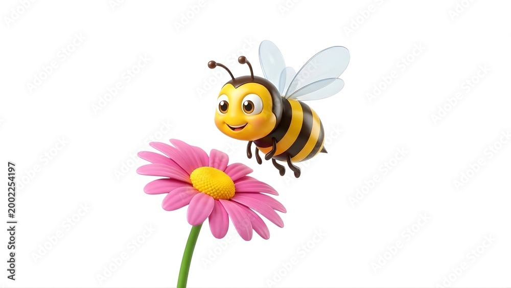 Fototapeta premium A smiling cartoon bee flying near a pink flower on transparent background