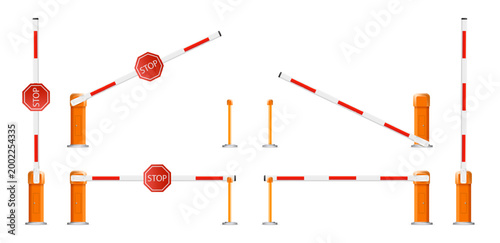Parking gate barrier with red and white boom pole. Automatic security system controlling car access at garage entrance with closed roadblock checkpoint