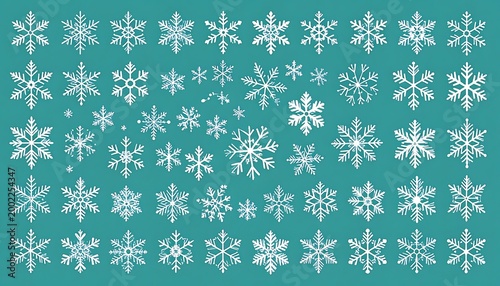 Many detailed, white snowflake designs on a teal background, arranged in rows and columns, showcasing varied shapes