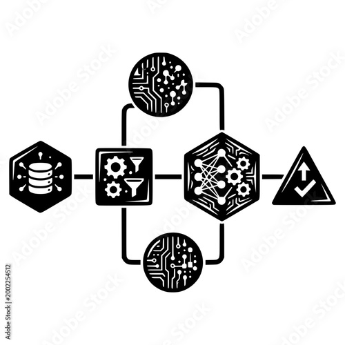 Tech Process: Illustration of a data flow, the image is composed of interconnected components to explain process or analysis, ideal for technology, and computing themes.