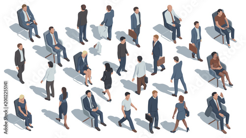 Isometric diverse business people in suits and casual wear sitting and standing women