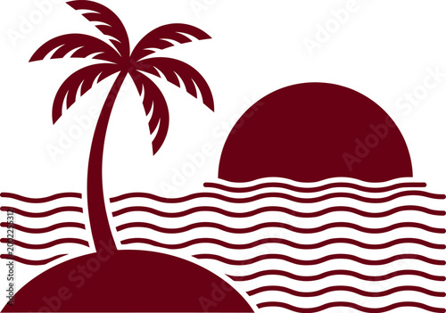 Tropical island paradise silhouette with palm tree sunset over wavy ocean water surface.
