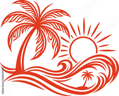 Orange beach waves with palm tree, sun, and small island silhouette graphic.