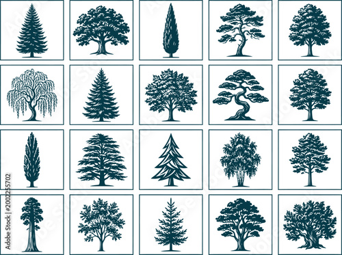 Set of various tree silhouettes in blue color on transparent background.