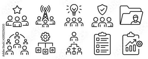 Set of thin line business management icons representing team structure and operations