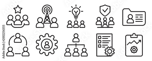 Professional business management icons for corporate workflow and team organization