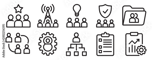 Comprehensive set of business management icons for corporate structure and strategy