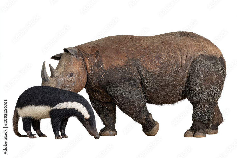 Fototapeta premium A rhinoceros and an anteater stand side by side on a white background.