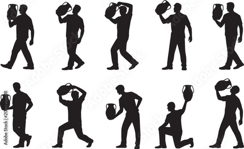 Man Carrying Water Pot Silhouette Set with Walking, Lifting, Pouring Poses for Daily Life, Rural Work, Hydration, and Traditional Activity Concepts