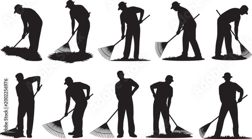 Man Raking Leaves Silhouette Set with Cleaning Garden Poses, Yard Work, Landscaping Activity, Autumn Maintenance, Outdoor Labor and Environmental Care Concepts