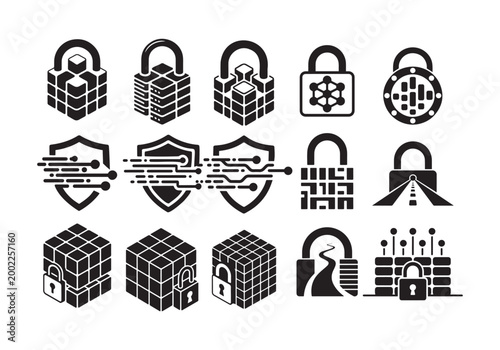 Cyber Security and Blockchain Technology Icon Set - Minimalist Data Protection and Network Safety Symbols