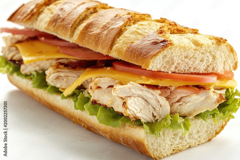 Obraz premium Freshly made sandwich with meat, cheese, and crisp lettuce